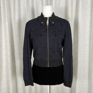 BCBGeneration Jacket Womens Medium Black Floral Bomber Zip Front Lined Textured